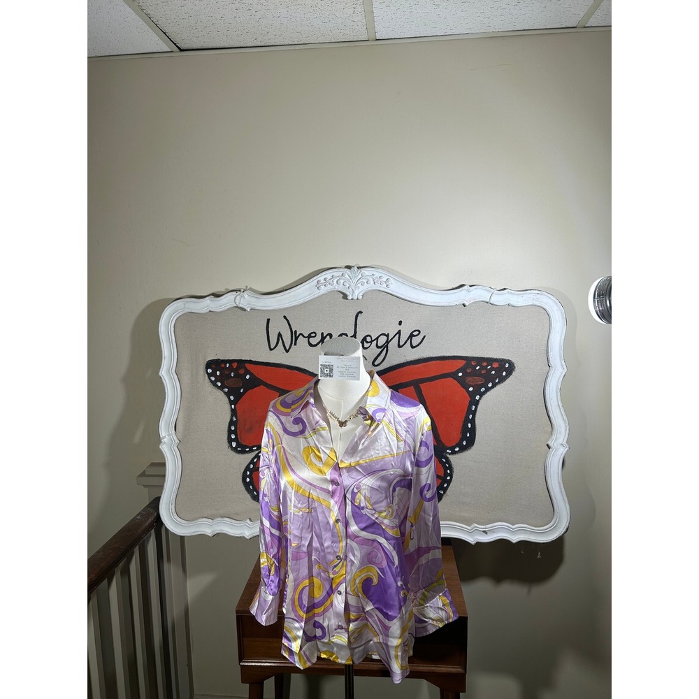 L'AGENCE Purple Gold Psychedelic Swirl Satin Button Down Shirt Womens Medium